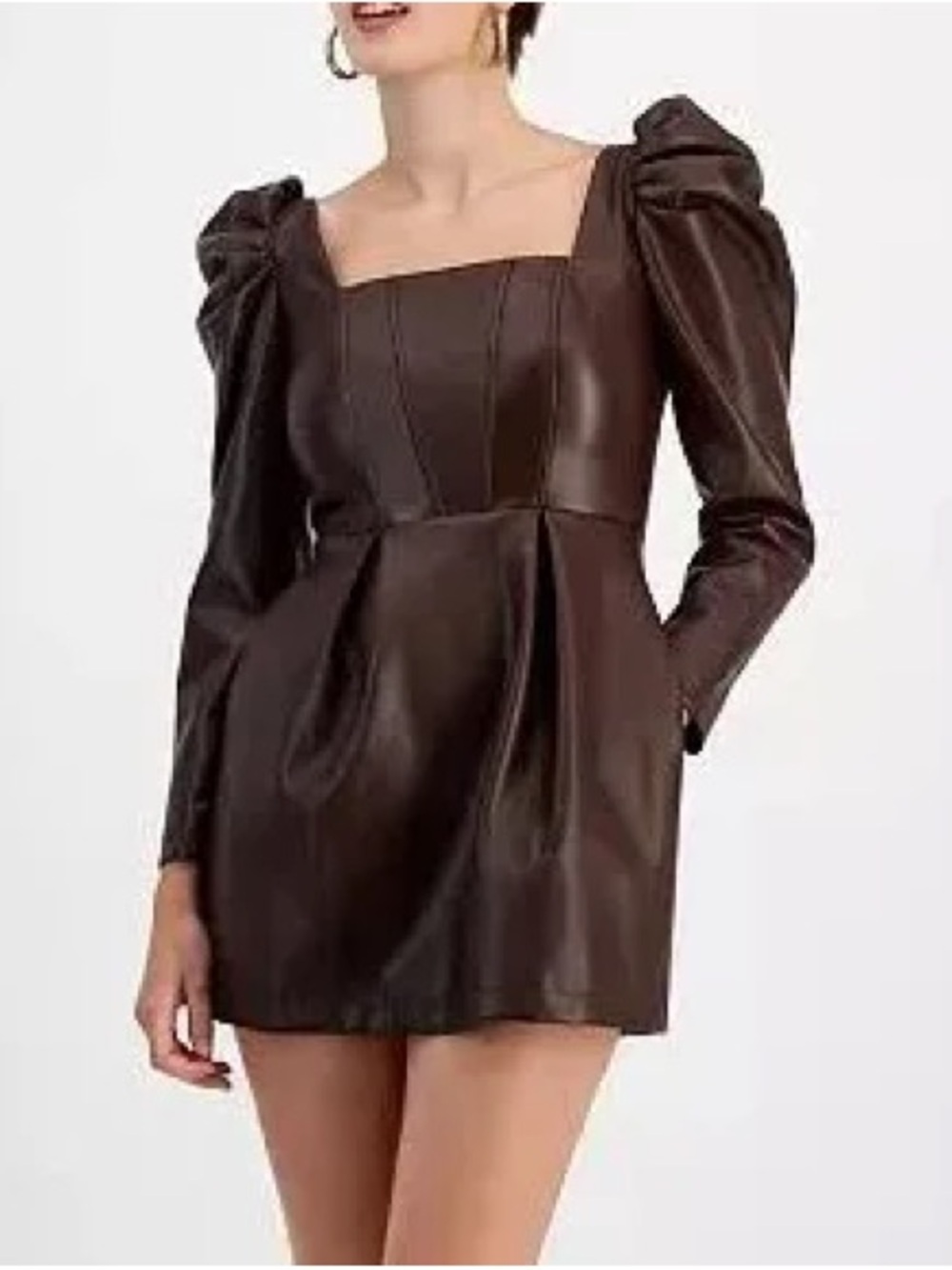 Avec Les Filles Chocolate Brown Faux Leather Puff-Sleeve Mini Jacket Dress